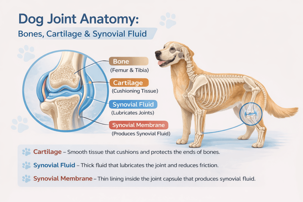 Dog joint anatomy diagram showing bones, cartilage, synovial fluid, and synovial membrane