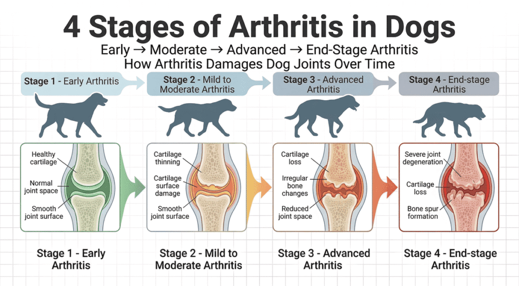 4 stages of arthritis in dogs infographic showing early, mild, advanced, and end-stage joint damage