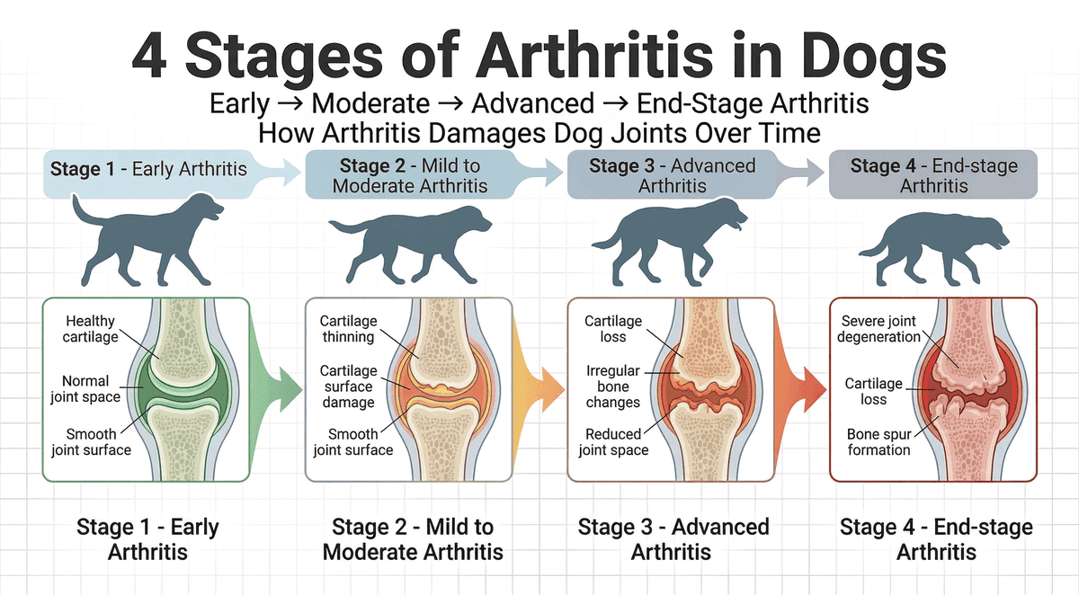 infographic explaining the four stages of arthritis in dogs and how joint damage progresses