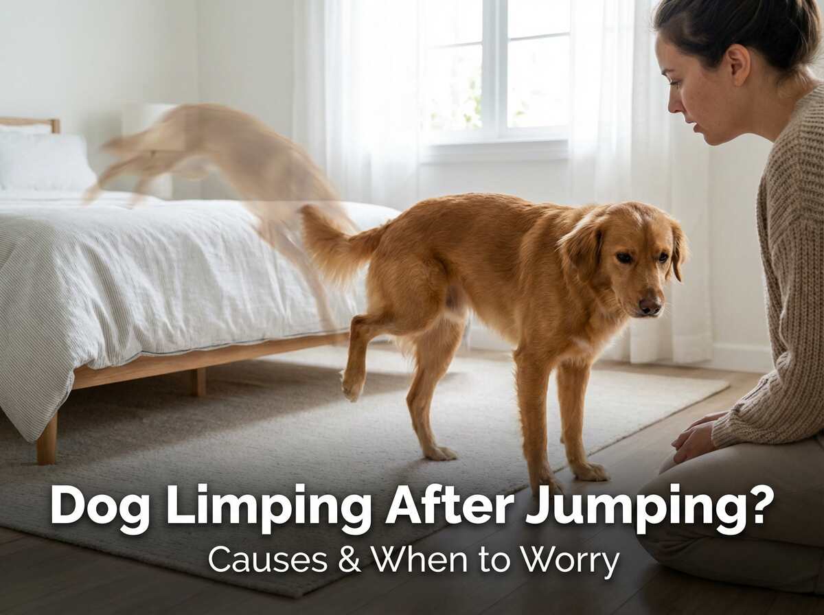 Dog limping after jumping off bed showing back leg discomfort