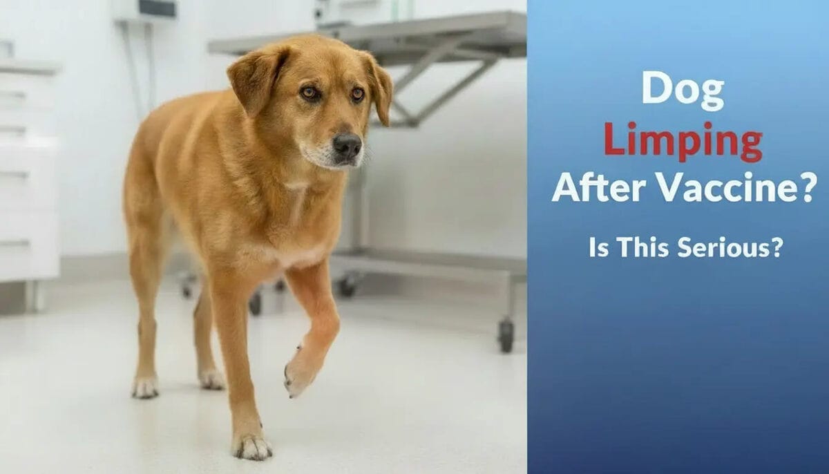 Dog limping after vaccine with front leg lifted showing soreness after injection