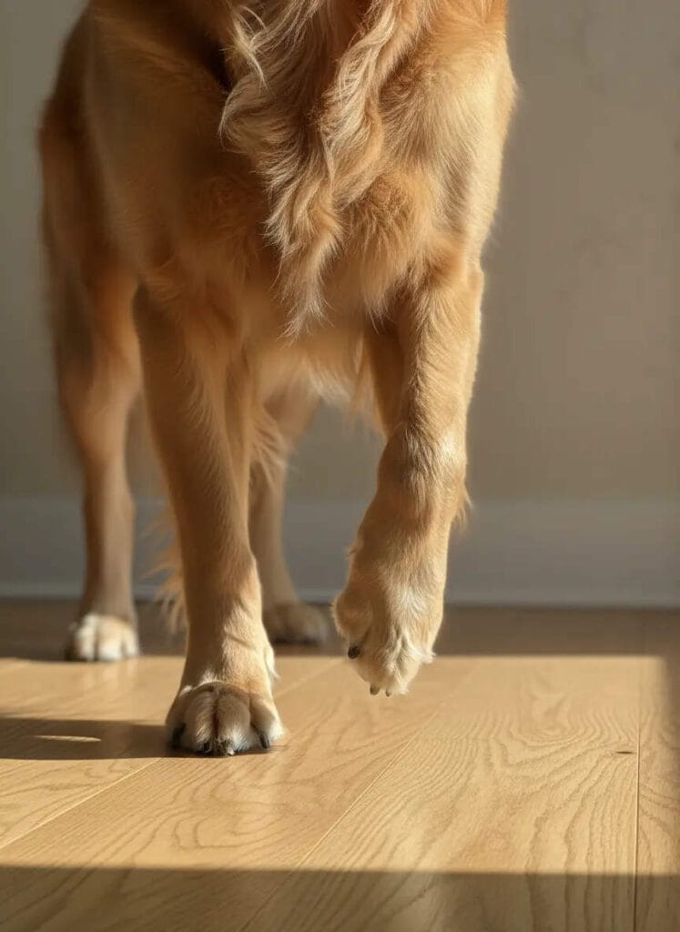 dog limping front leg with paw lifted close-up