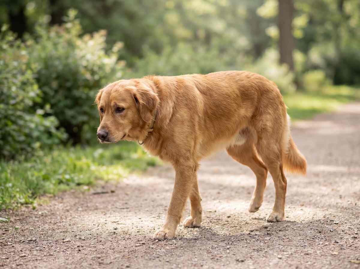 Dog limping on and off while walking on one back leg outdoors