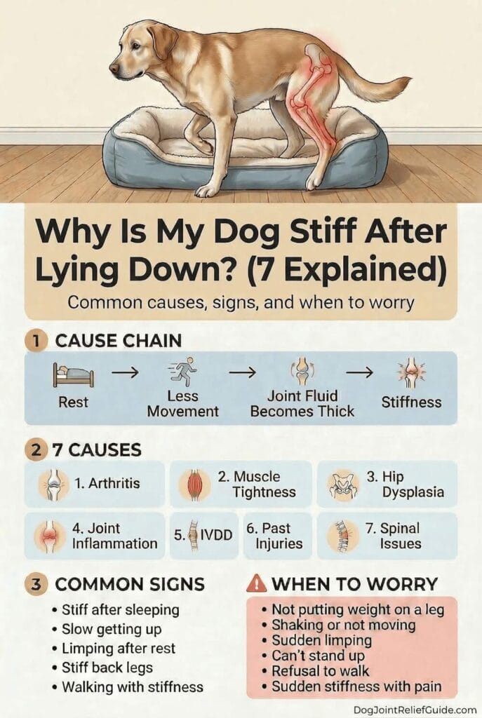 Dog stiff after lying down infographic showing causes, symptoms, and warning signs