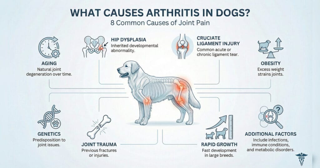 What causes arthritis in dogs infographic showing 8 common causes of joint pain