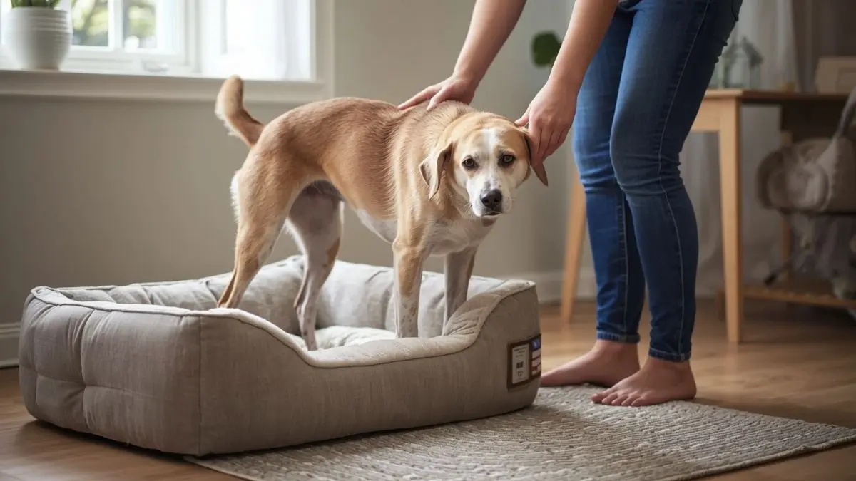 Dog arthritis flare up with owner helping a stiff senior dog stand beside an orthopedic bed at home
