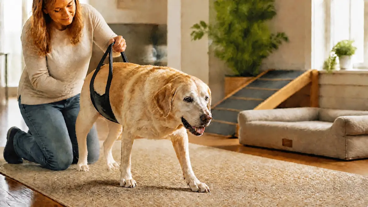 How to help dog with weak hind legs at home using a rear-support harness and mobility aids