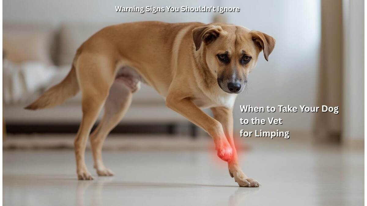 when to take dog to vet for limping — dog holding up front paw with visible pain while walking indoors