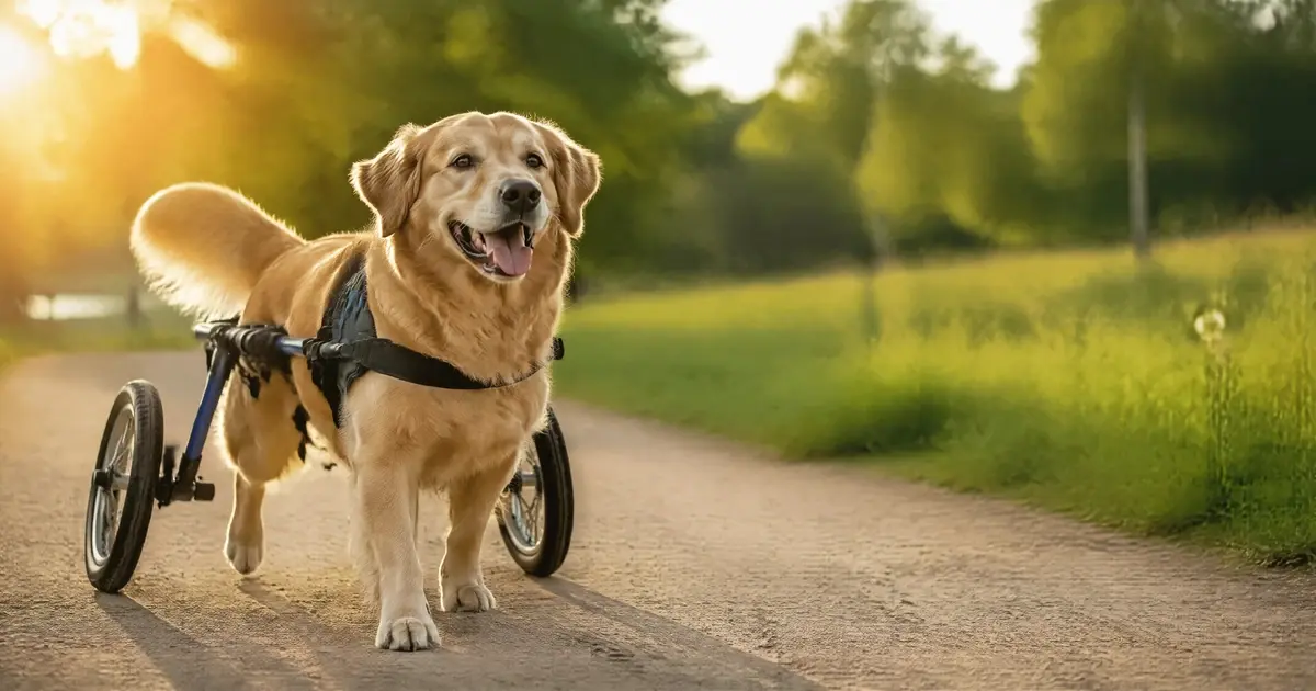 Golden retriever using a dog wheelchair for back legs on a sunny path
